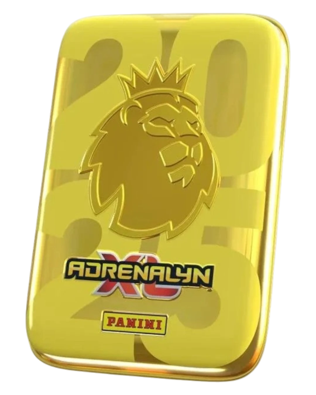 VaultifyUK sealed gold Panini Adrenalyn XL 2025 Premier League mini tin featuring a lion logo and embossed design