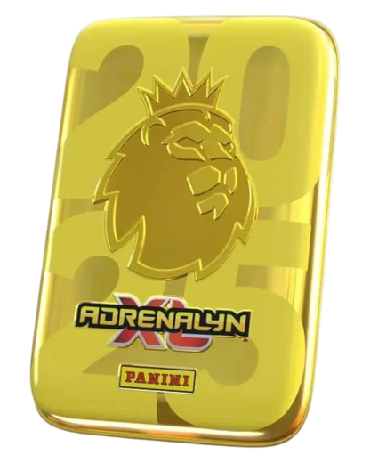 VaultifyUK sealed gold Panini Adrenalyn XL 2025 Premier League mini tin featuring a lion logo and embossed design