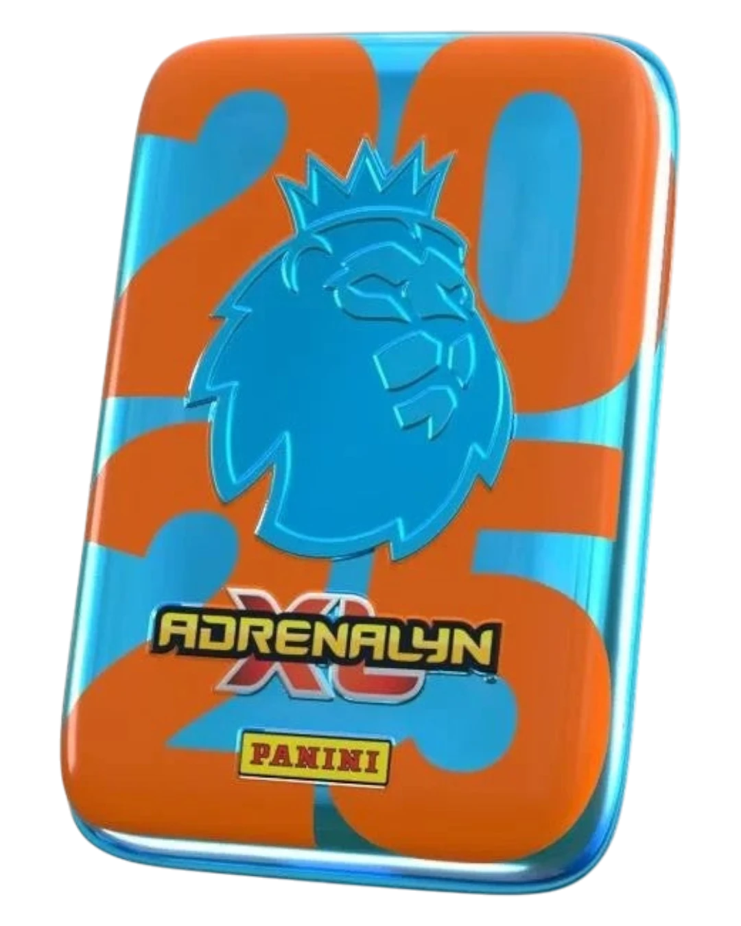 VaultifyUK Panini Adrenalyn XL 2025 Premier League mini tin featuring a blue lion logo and orange 2025 text