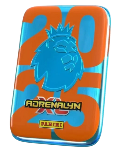 VaultifyUK Panini Adrenalyn XL 2025 Premier League mini tin featuring a blue lion logo and orange 2025 text