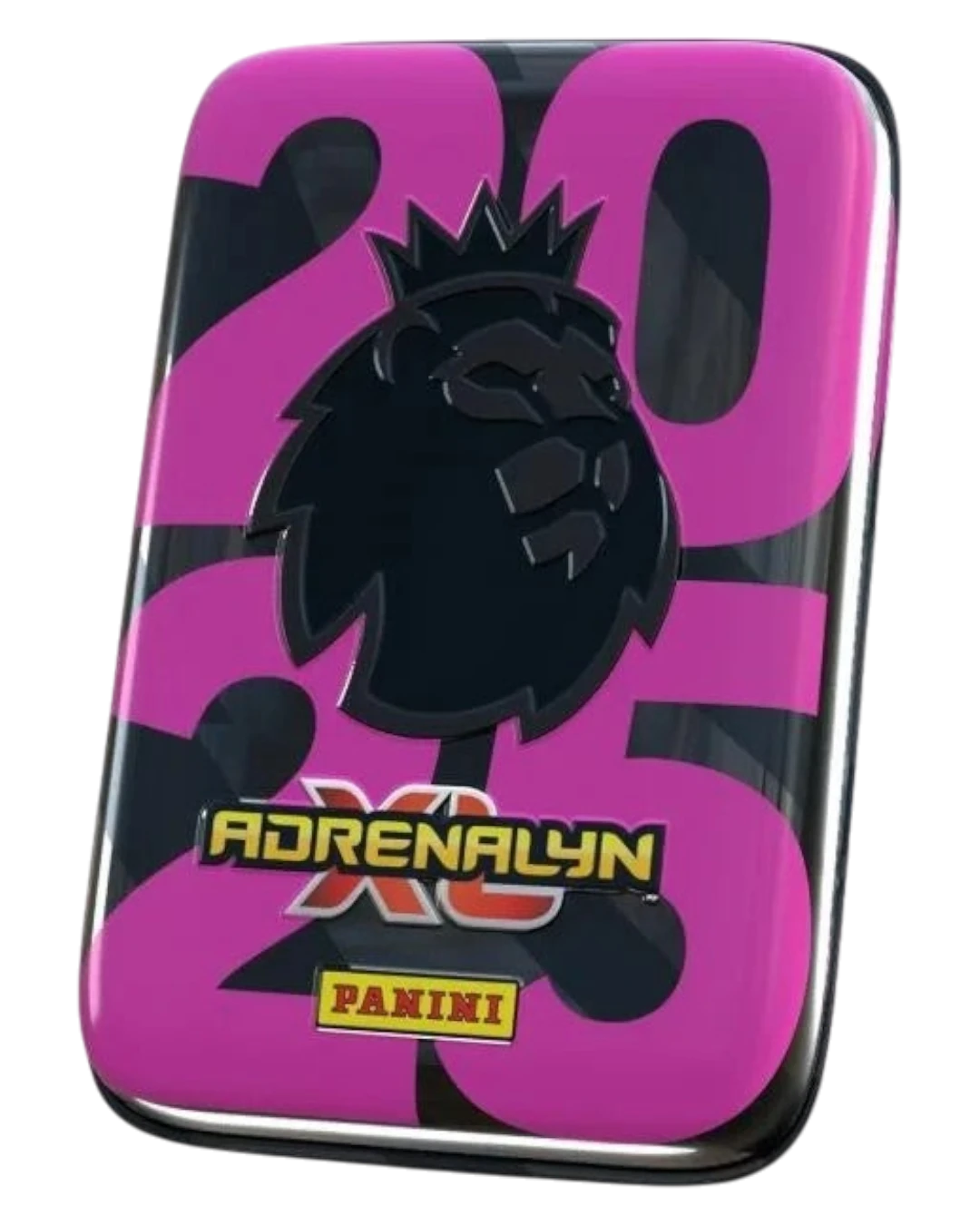 VaultifyUK Panini Adrenalyn XL 2025 Premier League mini tin in pink and black with official lion logo branding.