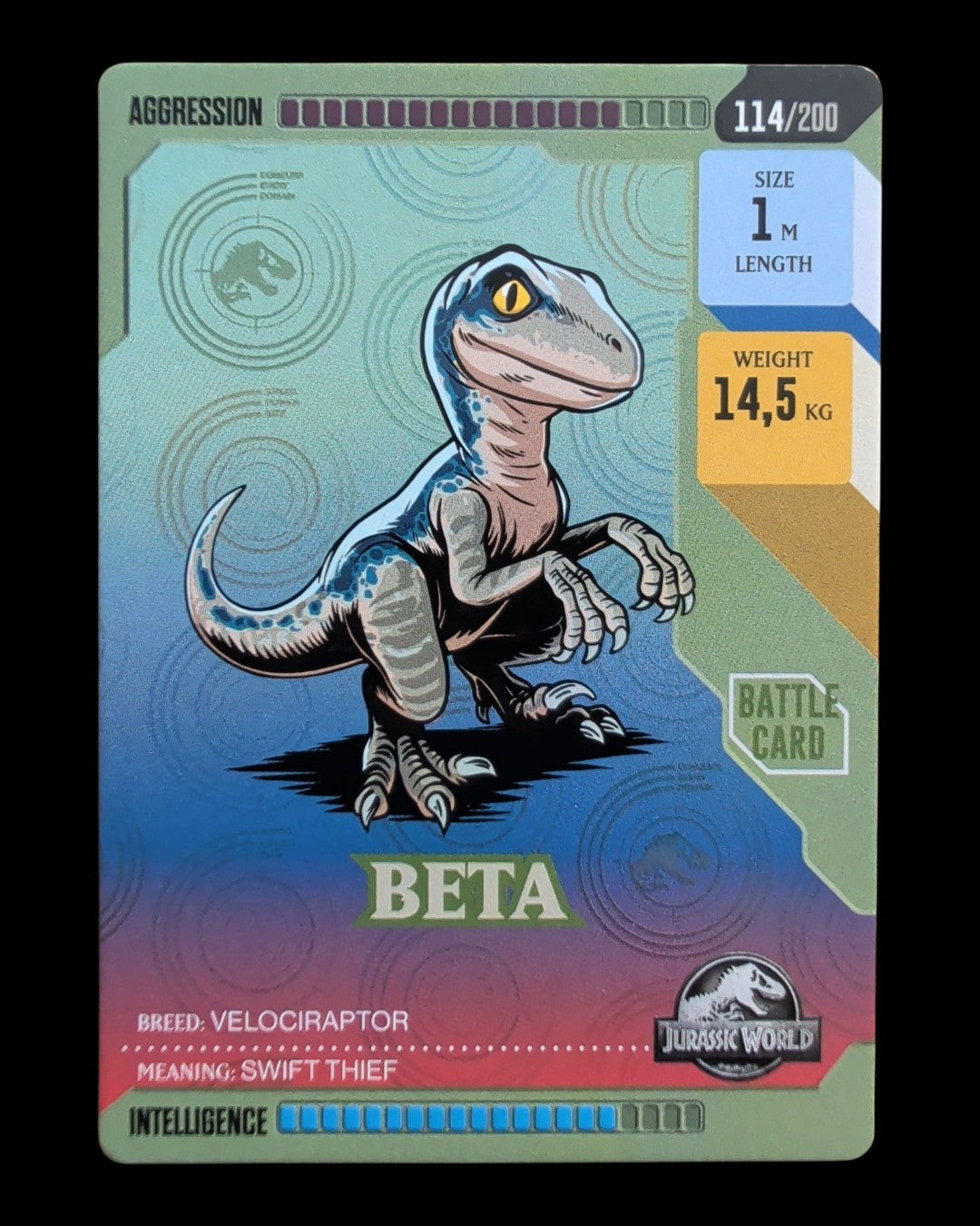 VaultifyUK Panini Jurassic World ROAR! Beta dinosaur base trading card 114/200 with battle stats and blue raptor art