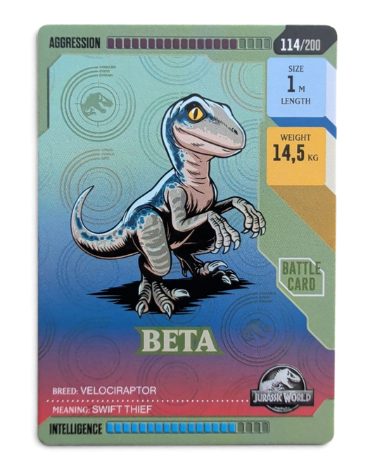 VaultifyUK Panini Jurassic World ROAR! Beta dinosaur base trading card 114/200 with battle stats and blue raptor art