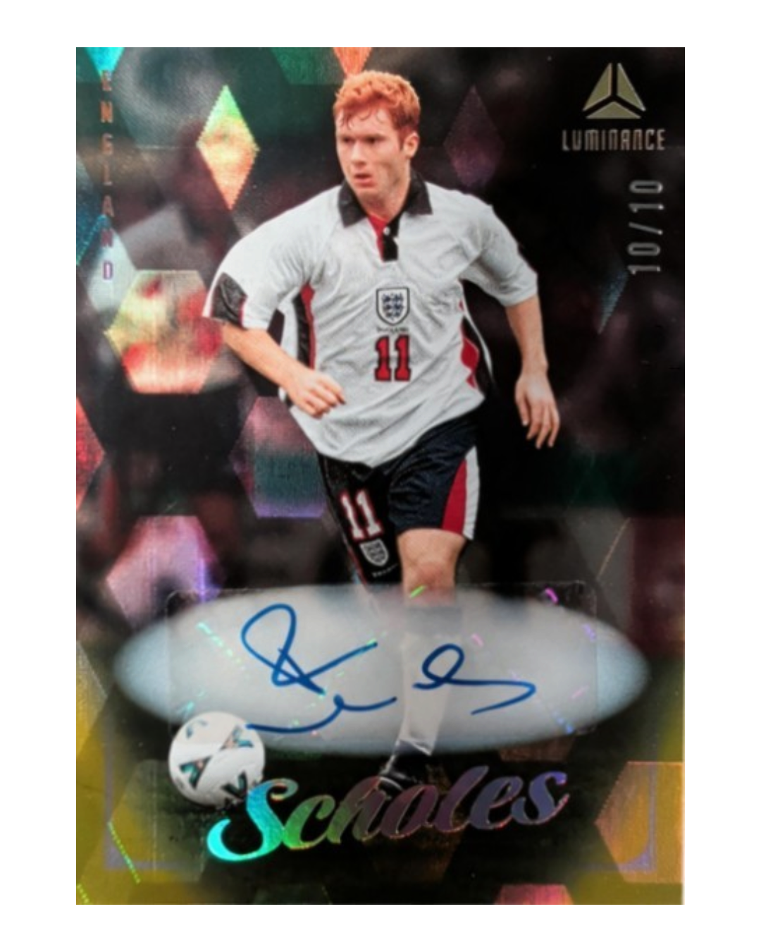 VaultifyUK Panini Luminance Paul Scholes England soccer card with gold vertical autograph, numbered 10/10.