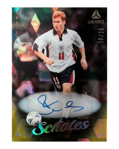 VaultifyUK Panini Luminance Paul Scholes England soccer card with gold vertical autograph, numbered 10/10.