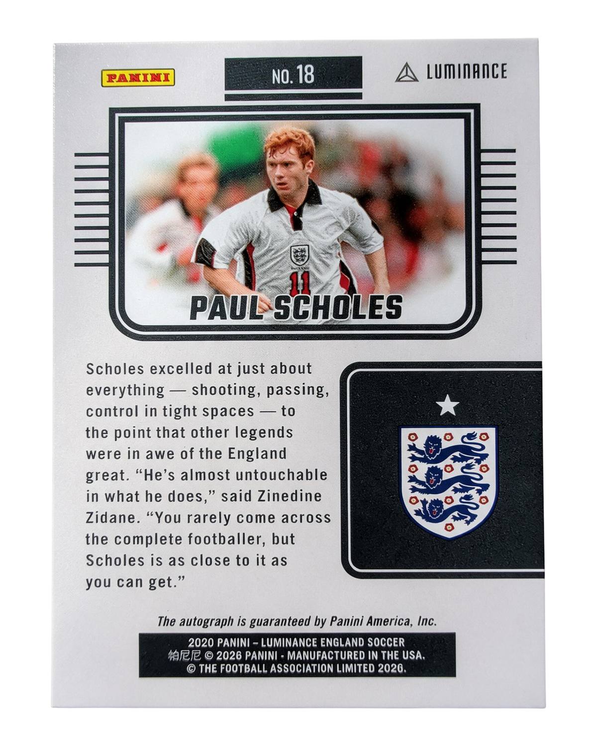 VaultifyUK Panini Luminance England 2026 Paul Scholes soccer card back featuring player biography and team crest