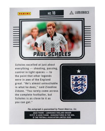 VaultifyUK Panini Luminance England 2026 Paul Scholes soccer card back featuring player biography and team crest