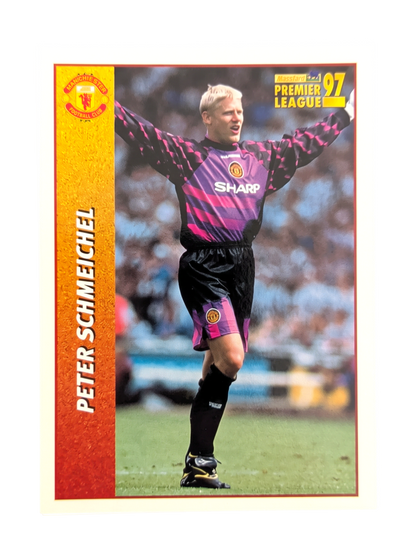 VaultifyUK 1997 Merlin Peter Schmeichel Manchester United football sticker in purple and pink Sharp goalkeeper kit
