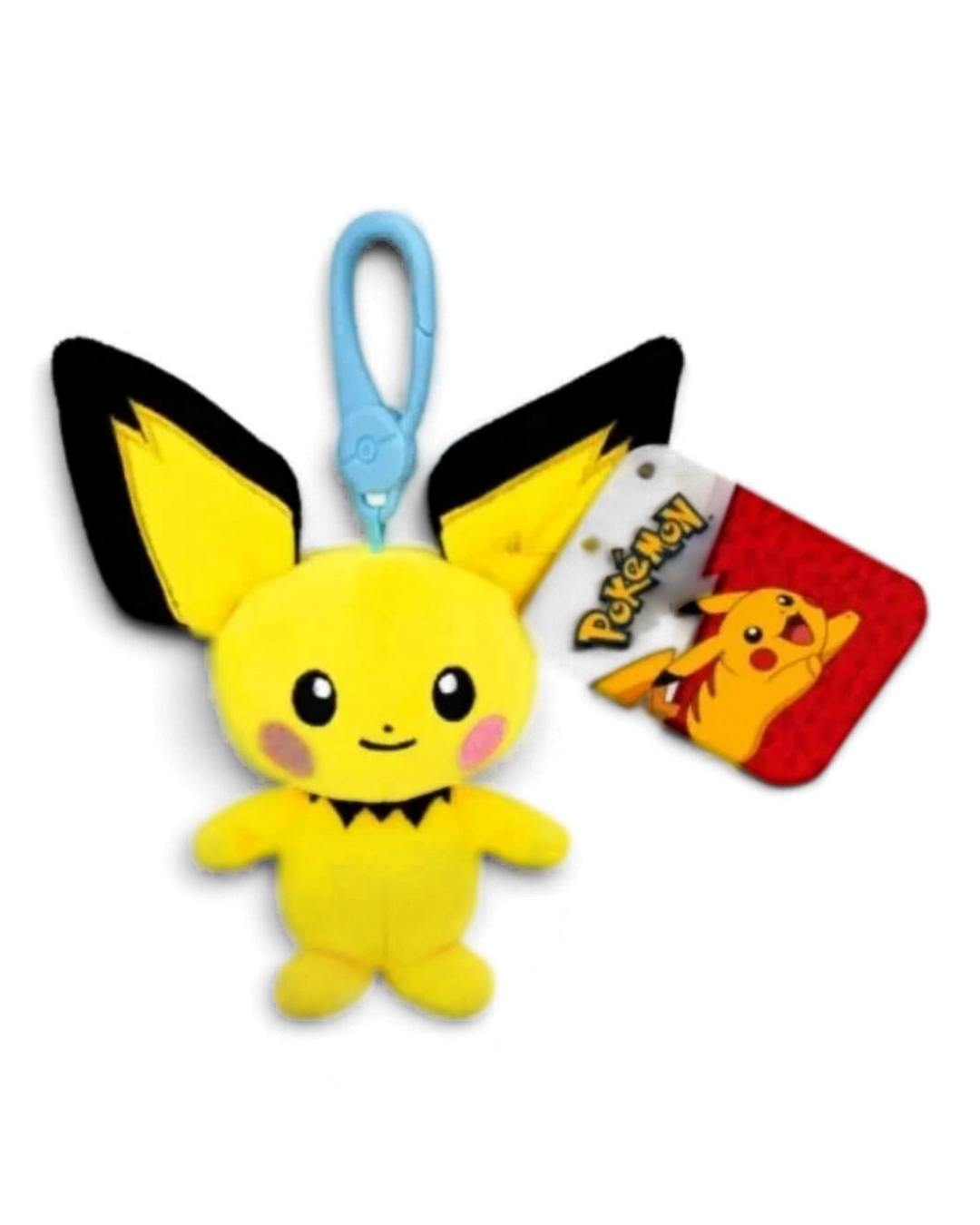VaultifyUK yellow Pichu plush bag clip with a blue plastic carabiner and official Pokémon swing tag