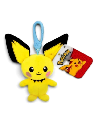 VaultifyUK yellow Pichu plush bag clip with a blue plastic carabiner and official Pokémon swing tag