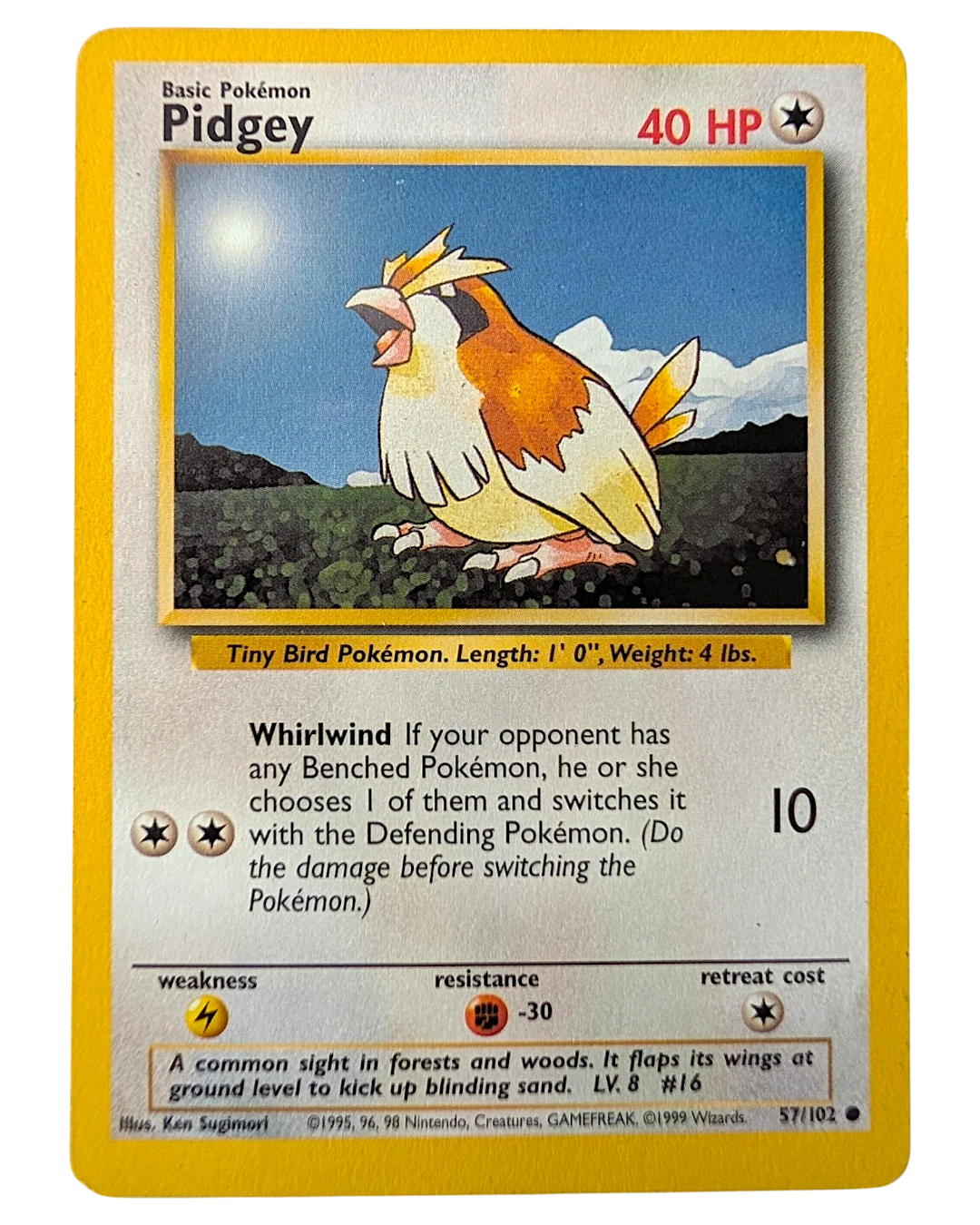 VaultifyUK vintage Pidgey 57/102 Base Set Pokémon trading card featuring original 1999 artwork by Ken Sugimori