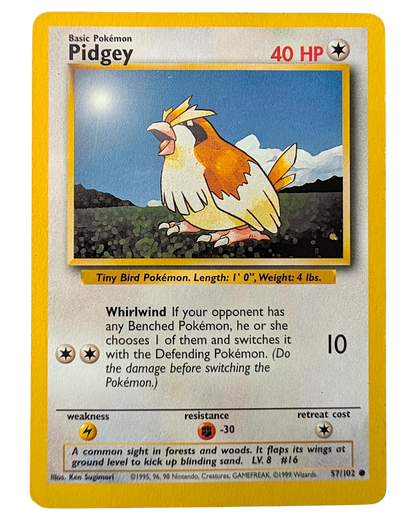 VaultifyUK vintage Pidgey 57/102 Base Set Pokémon trading card featuring original 1999 artwork by Ken Sugimori