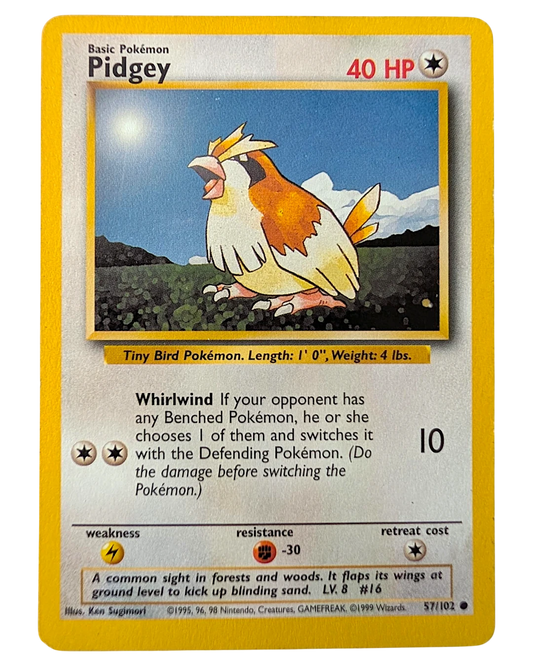 VaultifyUK vintage Pidgey 57/102 Base Set Pokémon trading card featuring original 1999 artwork by Ken Sugimori