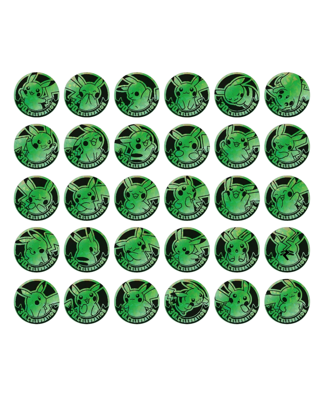 VaultifyUK 30th Celebration Pikachu collectible coins featuring thirty unique green foil artist designs.