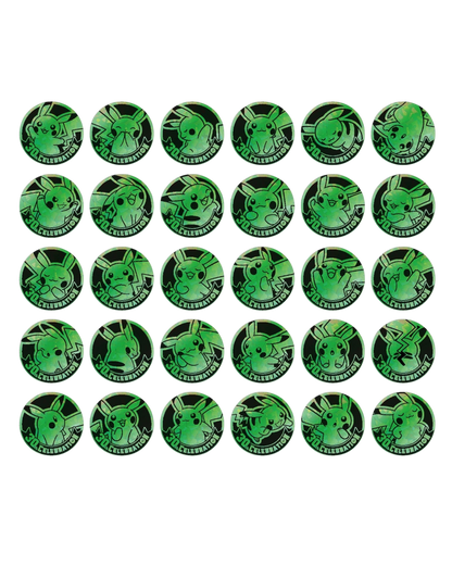 VaultifyUK 30th Celebration Pikachu collectible coins featuring thirty unique green foil artist designs.