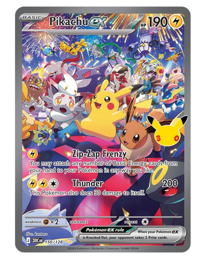VaultifyUK Pokémon 30th Celebration Pikachu ex foil trading card featuring festive party artwork with many Pokémon