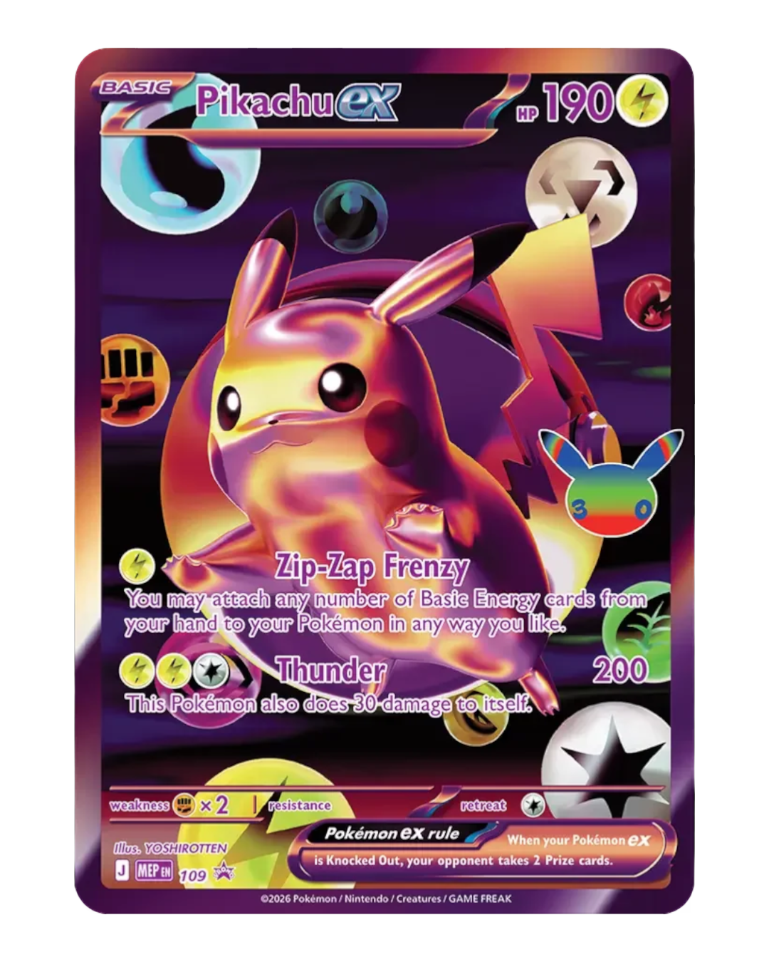 VaultifyUK Pokémon TCG 30th Celebration Pikachu ex foil card with purple background and special anniversary logo