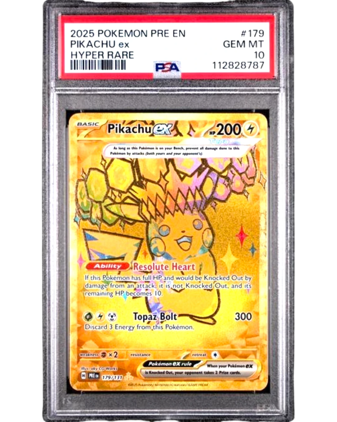 VaultifyUK PSA 10 graded Pikachu ex 179/131 Hyper Rare card from Pokémon TCG Prismatic Evolutions with gold finish.