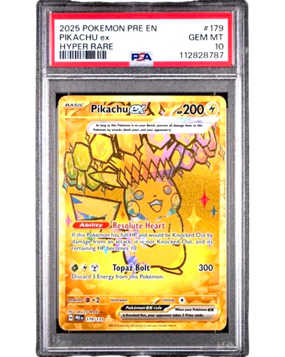 VaultifyUK PSA 10 graded Pikachu ex 179/131 Hyper Rare card from Pokémon TCG Prismatic Evolutions with gold finish.