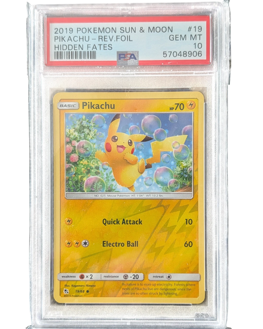 VaultifyUK 2019 Pokemon TCG Pikachu Hidden Fates Reverse Holo card in a PSA 10 Gem Mint graded slab