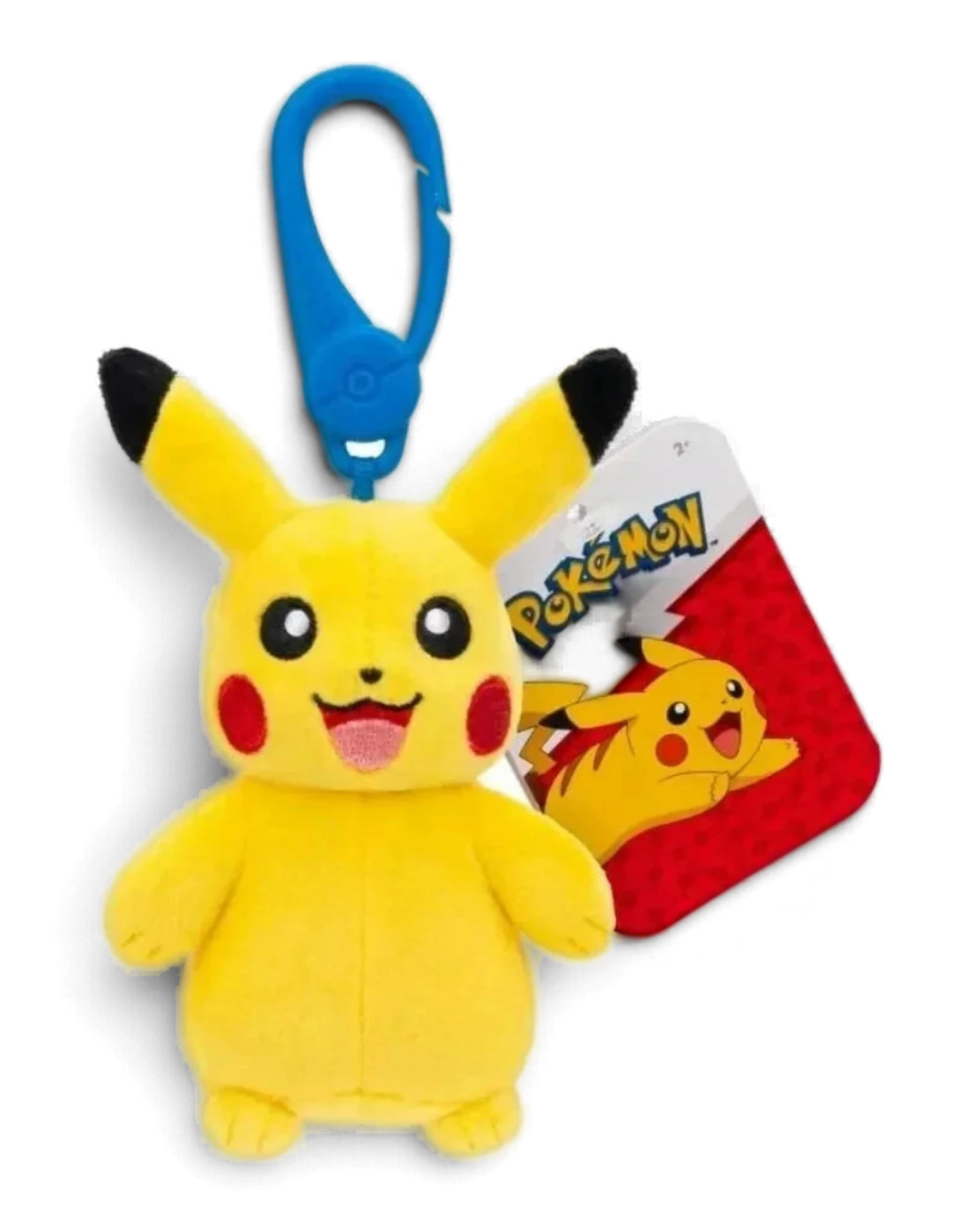 VaultifyUK Pikachu plush bag clip with blue plastic carabiner and official Pokémon swing tag