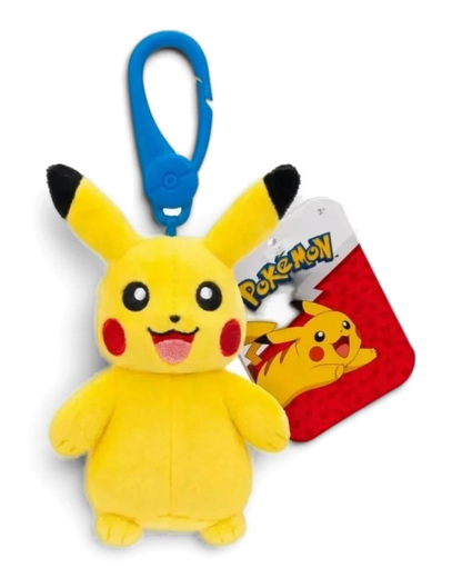 VaultifyUK Pikachu plush bag clip with blue plastic carabiner and official Pokémon swing tag