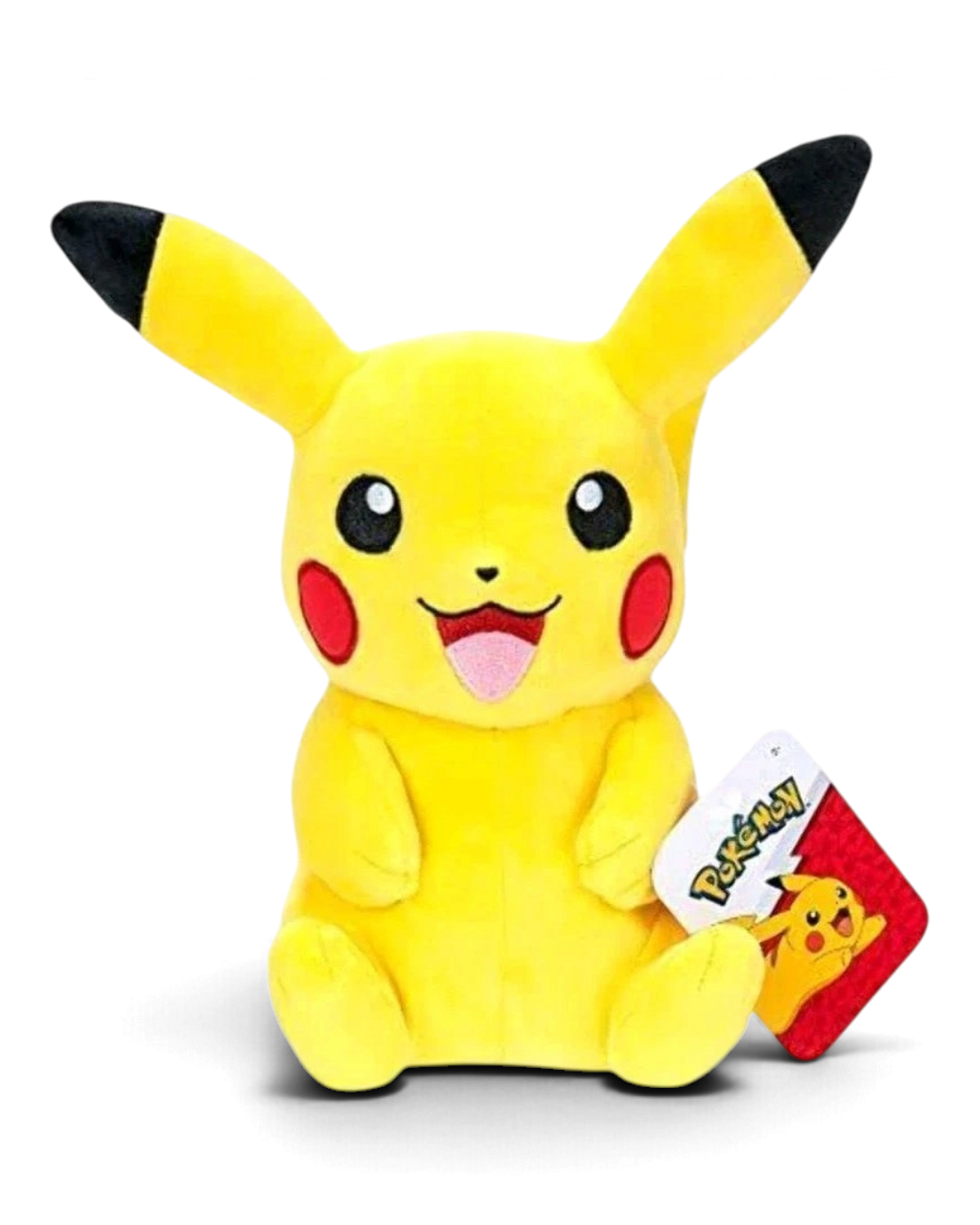 VaultifyUK 8-inch Pikachu plush toy made of soft yellow fabric with embroidered facial details and official hang tag