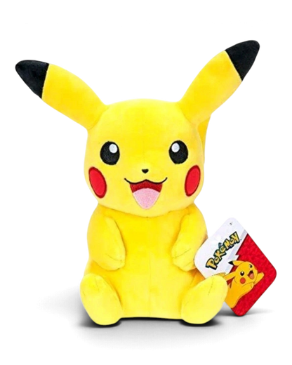 VaultifyUK 8-inch Pikachu plush toy made of soft yellow fabric with embroidered facial details and official hang tag