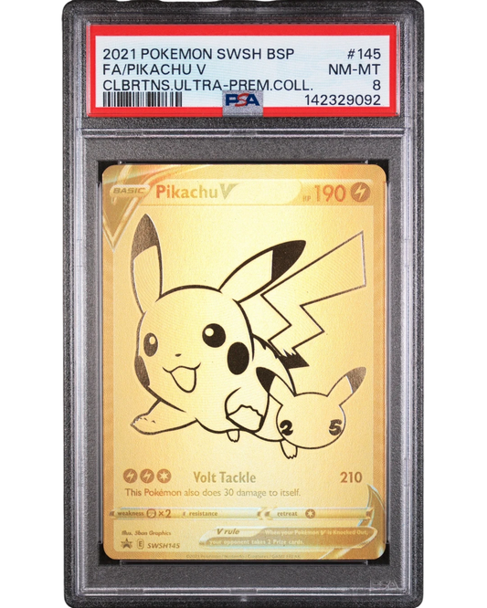 VaultifyUK 2021 Pokémon Pikachu V gold promo card SWSH145 graded PSA 8 NM-MT in a protective slab