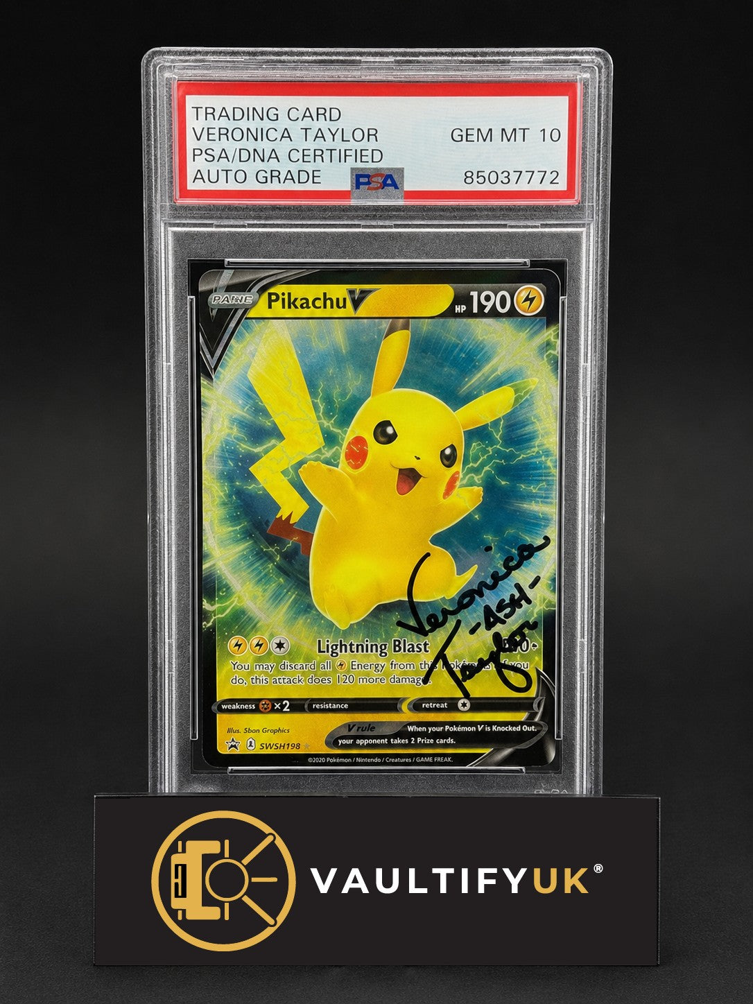 VaultifyUK Pikachu V Promo SWSH198 card signed by Veronica Taylor with ASH inscription, PSA GEM MT 10 slabbed.