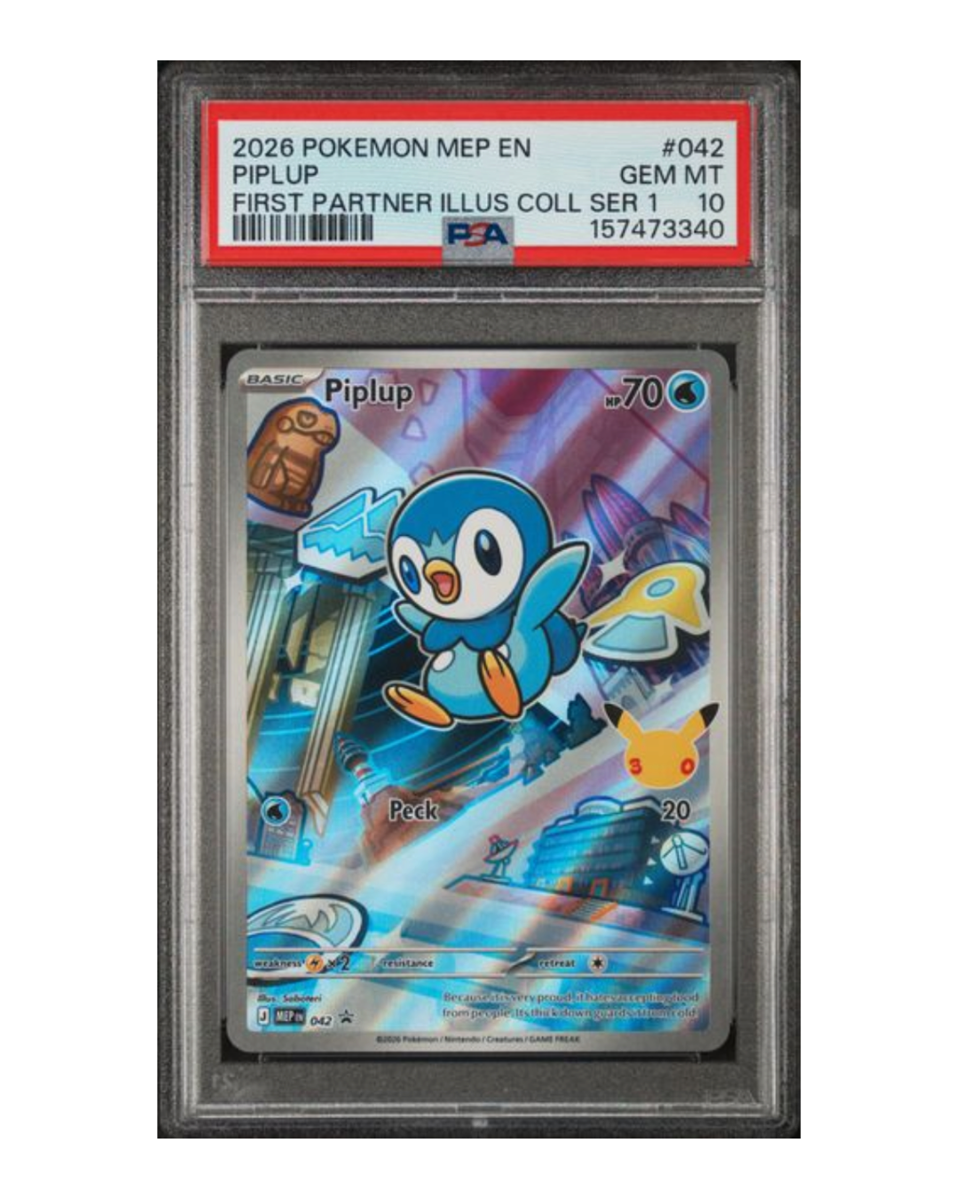 VaultifyUK PSA 10 Gem Mint graded Piplup 042 Pokémon card from the Mega Evolution Promos First Partner collection.