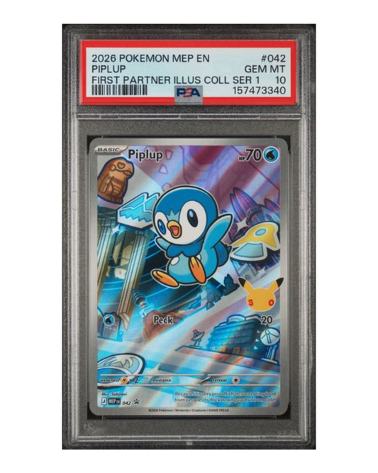 VaultifyUK PSA 10 Gem Mint graded Piplup 042 Pokémon card from the Mega Evolution Promos First Partner collection.