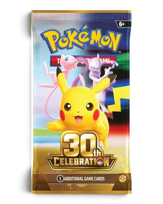 VaultifyUK Pokémon TCG 30th Celebration English booster pack featuring Pikachu, Mew, and Mewtwo artwork.
