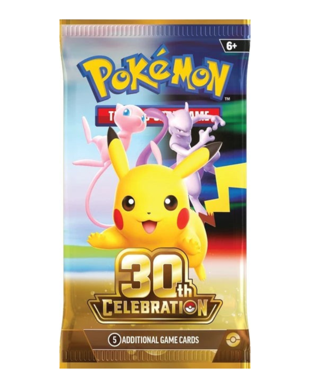 VaultifyUK Pokémon TCG 30th Celebration English booster pack featuring Pikachu, Mew, and Mewtwo artwork.