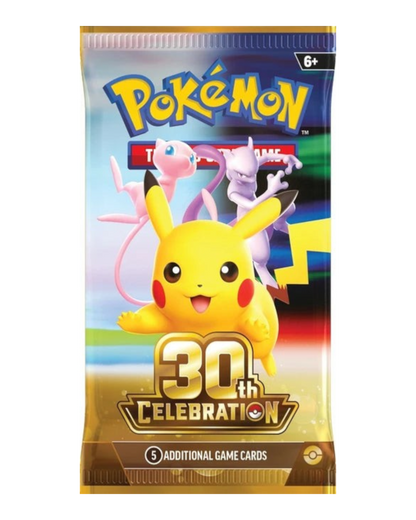 VaultifyUK Pokémon TCG 30th Celebration English booster pack featuring Pikachu, Mew, and Mewtwo artwork.