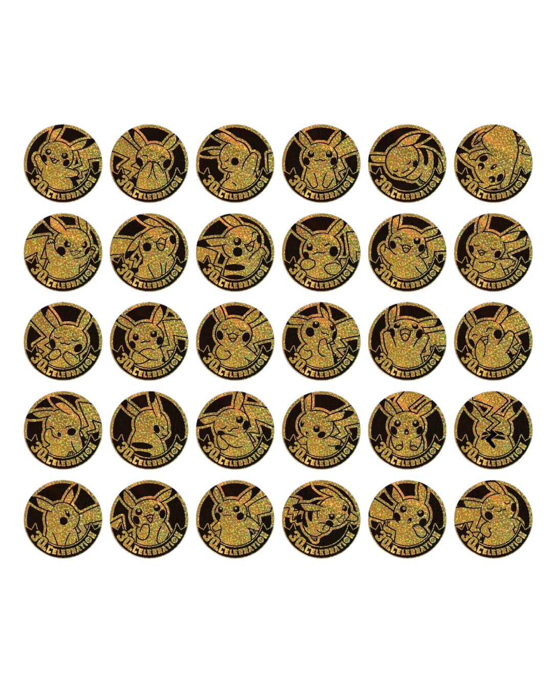 VaultifyUK Pokémon 30th Celebration collectible Pikachu coins featuring various gold glitter designs