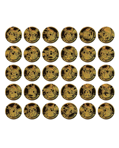 VaultifyUK Pokémon 30th Celebration collectible Pikachu coins featuring various gold glitter designs