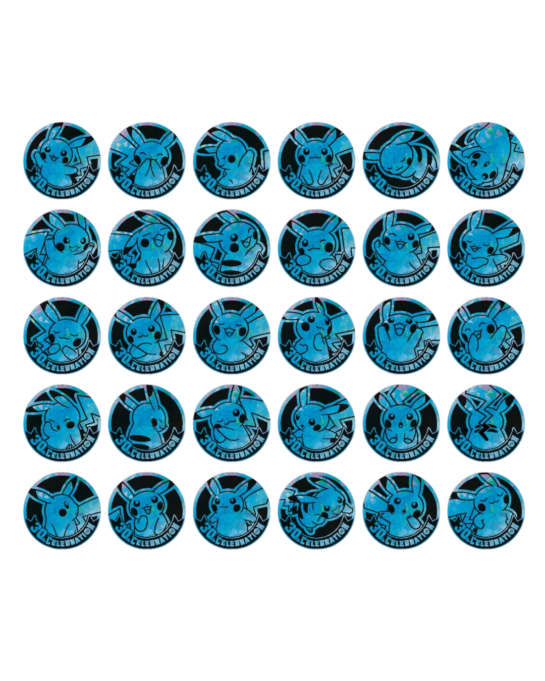 VaultifyUK Pokémon 30th Celebration collectible Pikachu coins featuring thirty unique holographic artist designs