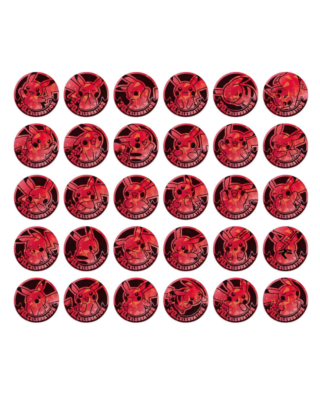 VaultifyUK Pokémon 30th Celebration collectible coins featuring various Pikachu designs in red and black finishes