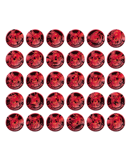 VaultifyUK Pokémon 30th Celebration collectible coins featuring various Pikachu designs in red and black finishes