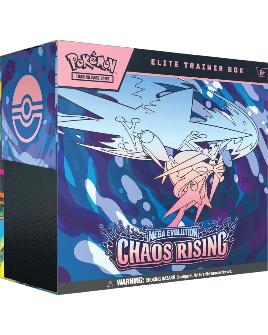 VaultifyUK Pokémon TCG Mega Evolution Chaos Rising Elite Trainer Box featuring blue and pink abstract artwork