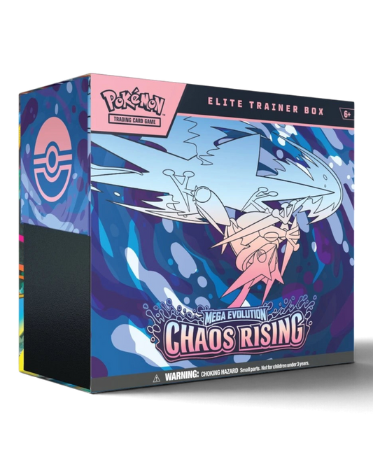 VaultifyUK Pokémon TCG Mega Evolution Chaos Rising Elite Trainer Box featuring blue and pink abstract artwork