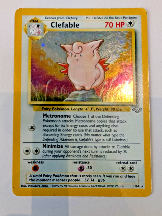Front of Clefable 01/64 Holo Rare Pokémon card from the Jungle (Unlimited) expansion, 1999, angled view.