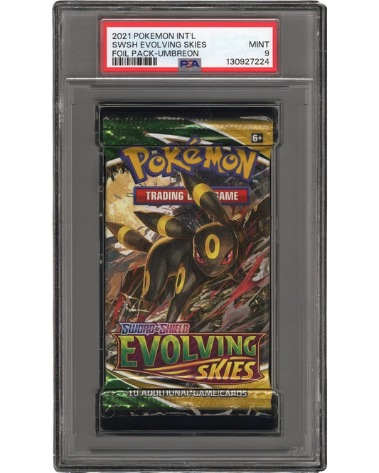 VaultifyUK PSA 9 Mint graded Pokémon Evolving Skies booster pack featuring Umbreon artwork in a protective slab.
