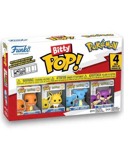 VaultifyUK Pokémon Funko Bitty Pop! 4-pack featuring miniature vinyl figures of Charmander, Jolteon, Lapras, and Rattata