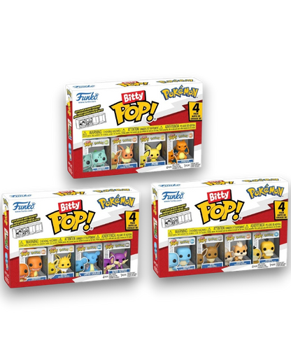 VaultifyUK Pokémon Funko Bitty Pop! 4-pack mini figure sets in clear display cases with various character assortments.