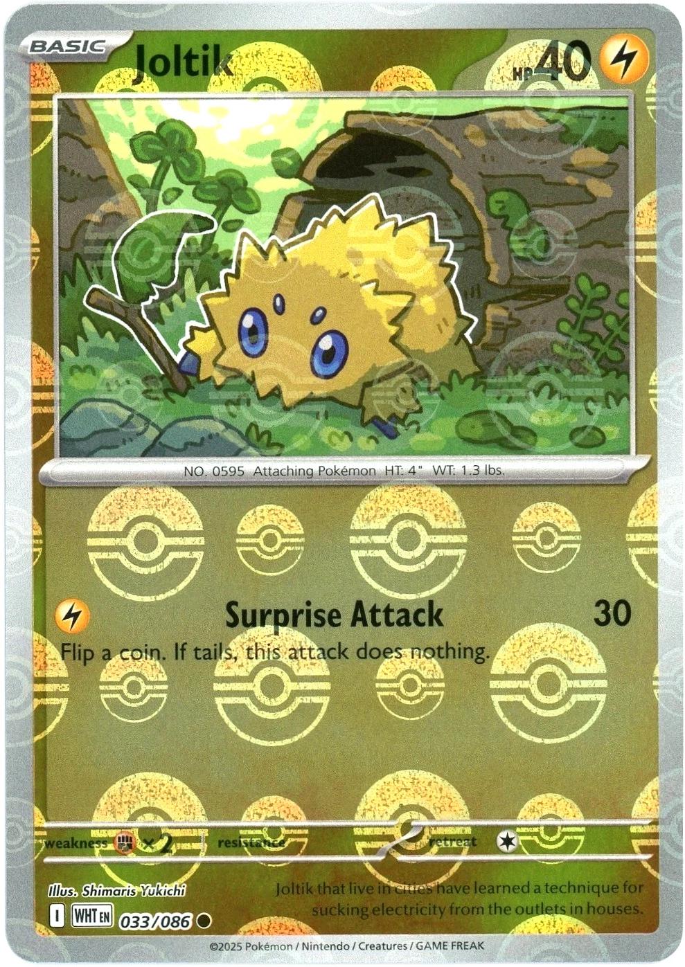 Joltik 033/086 Poké Ball Reverse Holo Pokémon card from the White Flare expansion, 2025.