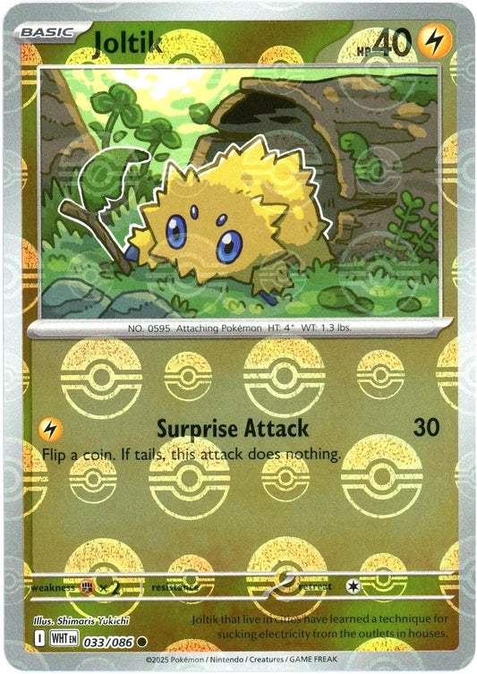 Joltik 033/086 Poké Ball Reverse Holo Pokémon card from the White Flare expansion, 2025.