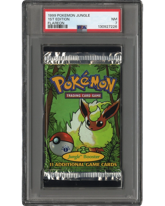 VaultifyUK PSA 7 graded 1st Edition Jungle Pokémon booster pack featuring Flareon artwork in a protective slab.