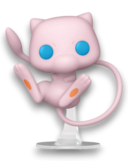 VaultifyUK Pokémon Mew Funko Pop vinyl figure in a floating pose with pale pink body and bright blue eyes